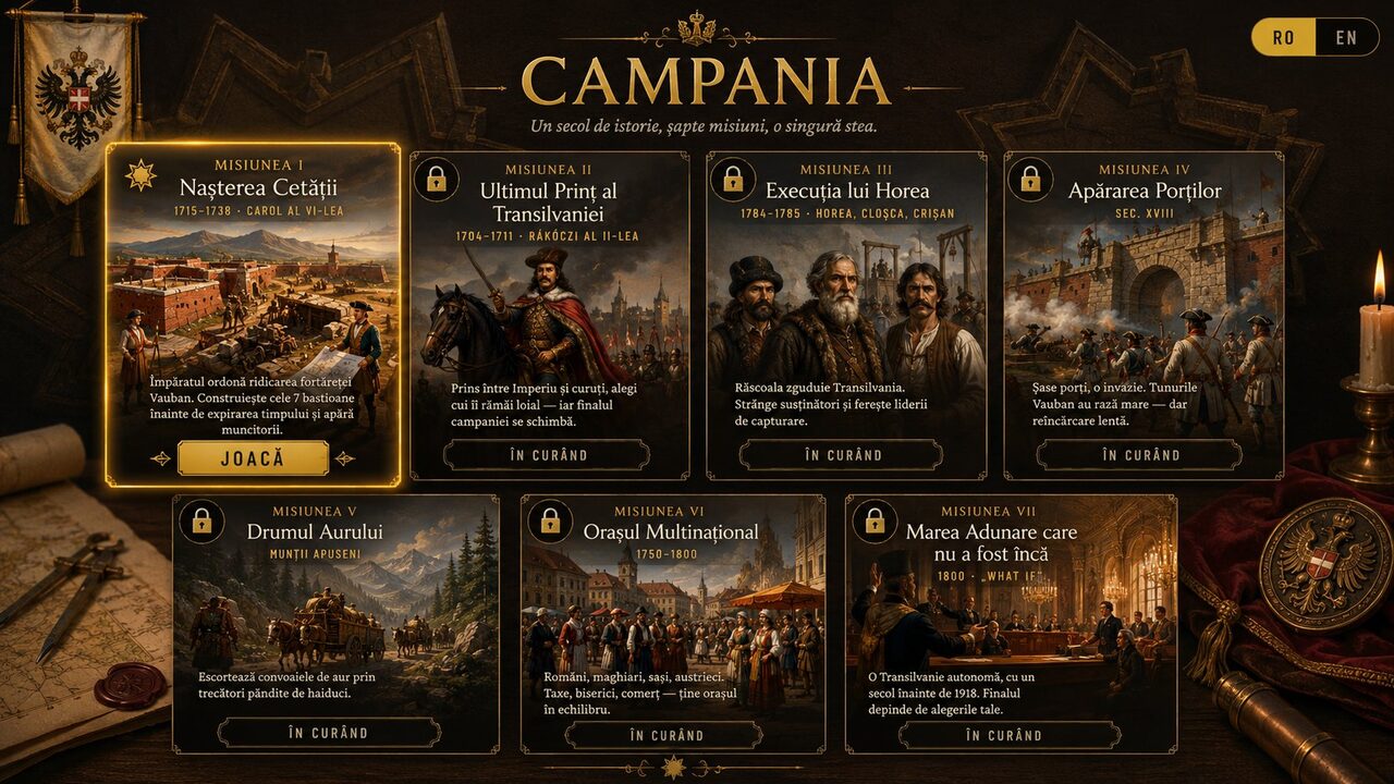 Campaign map — seven missions spanning a century of history