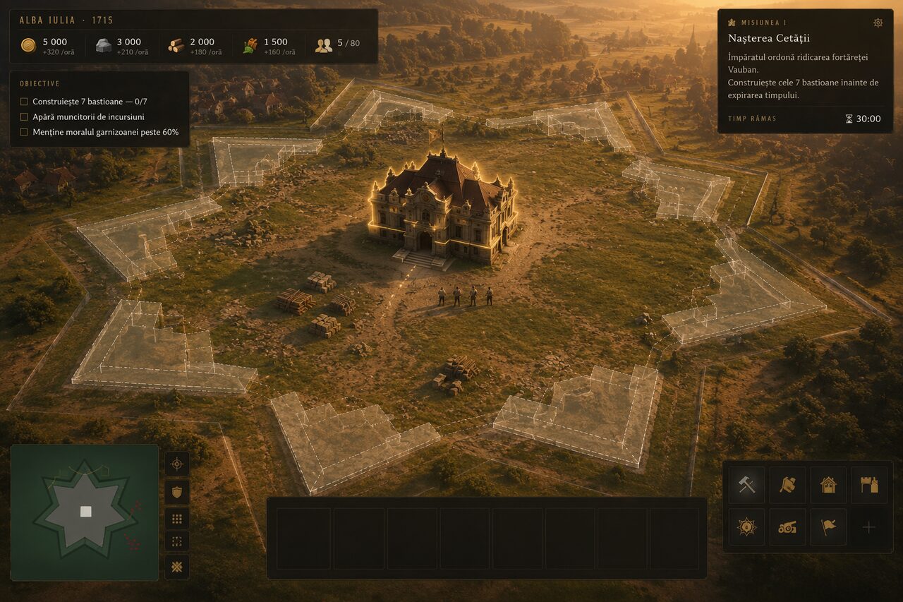 Mission start — laying out the 7 bastions on the empty field